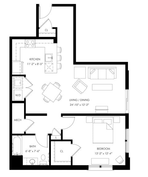 Floor plan for 1 bed, 1 bath, 870 sqft